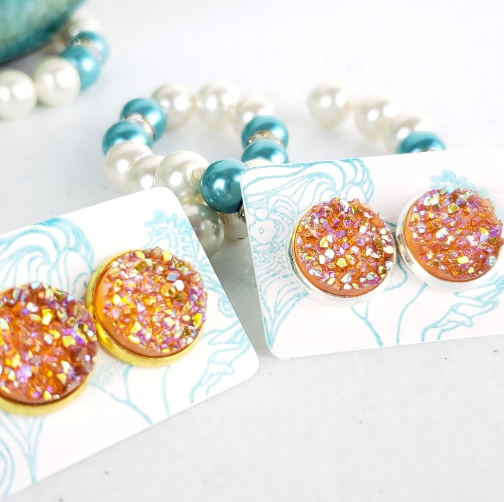 6/$20 Orange Sparkle Acrylic Druzy Stud Earrings